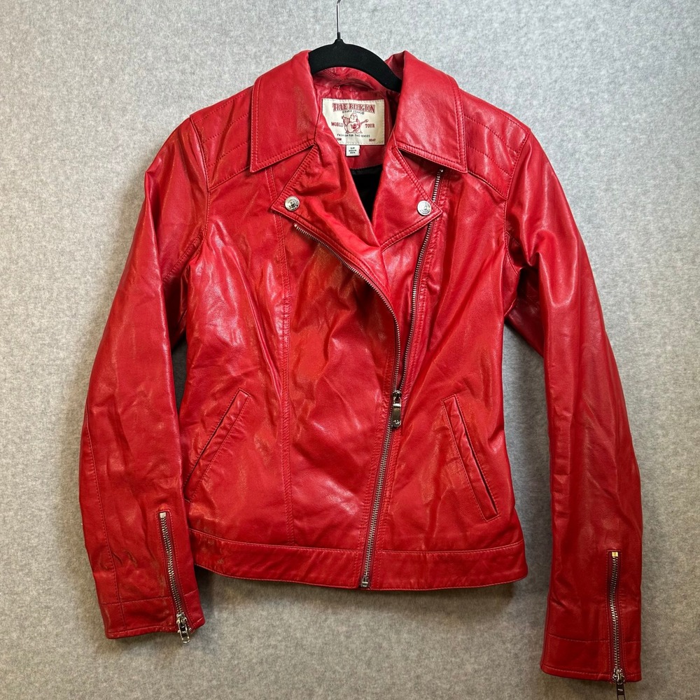 True Religion Red Vegan Leather Moto Jacket Womens Small Asymmetrical Zip Biker